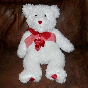 CALTOY WHITE  BEAR WITH RED BOW AND NOSE * BLACK EYES * BE MINE HEARTS * 20 IN *